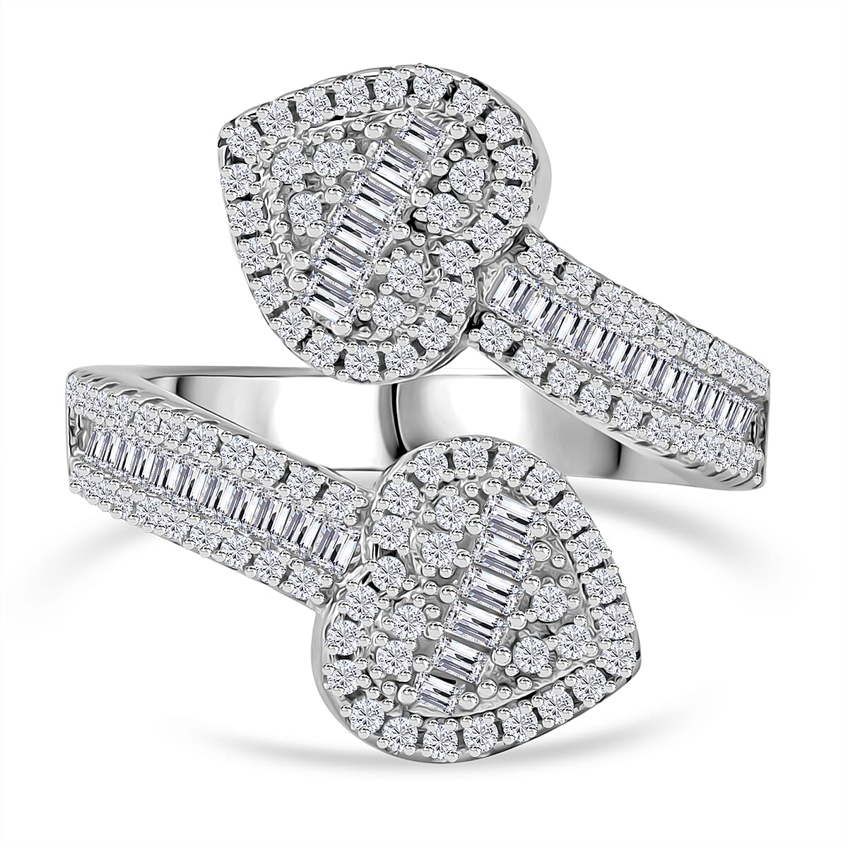 White Cubic Zirconia Heart Cuff Ring in Rhodium Overlay Sterling Silver 1.82 ct. 7949278 1