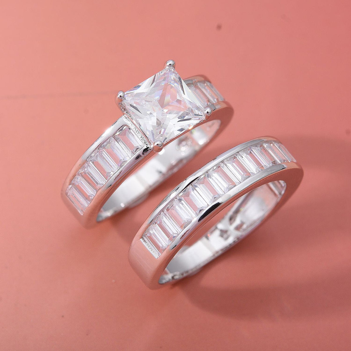 Lustro Stella -Set of 2 - White Cubic Zirconia Ring in Rhodium Overlay Sterling Silver 7814232 1