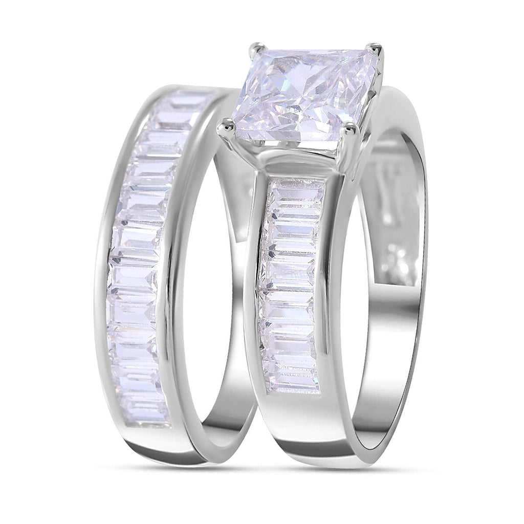 Lustro Stella -Set of 2 - White Cubic Zirconia Ring in Rhodium Overlay Sterling Silver
