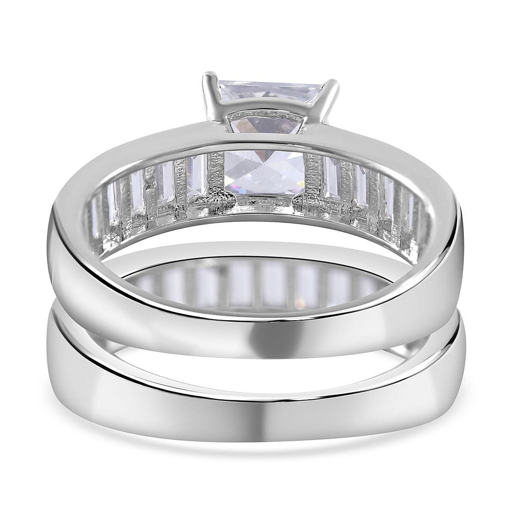 Lustro Stella -Set of 2 - White Cubic Zirconia Ring in Rhodium Overlay Sterling Silver