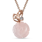 Simulated Diamond and Rose Quartz Pendant with Chain (Size 18) in Rose Gold Tone