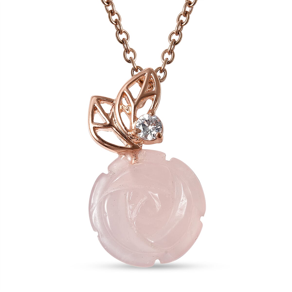 Simulated Diamond and Rose Quartz Pendant with Chain (Size 18) in Rose Gold Tone 4072167 0