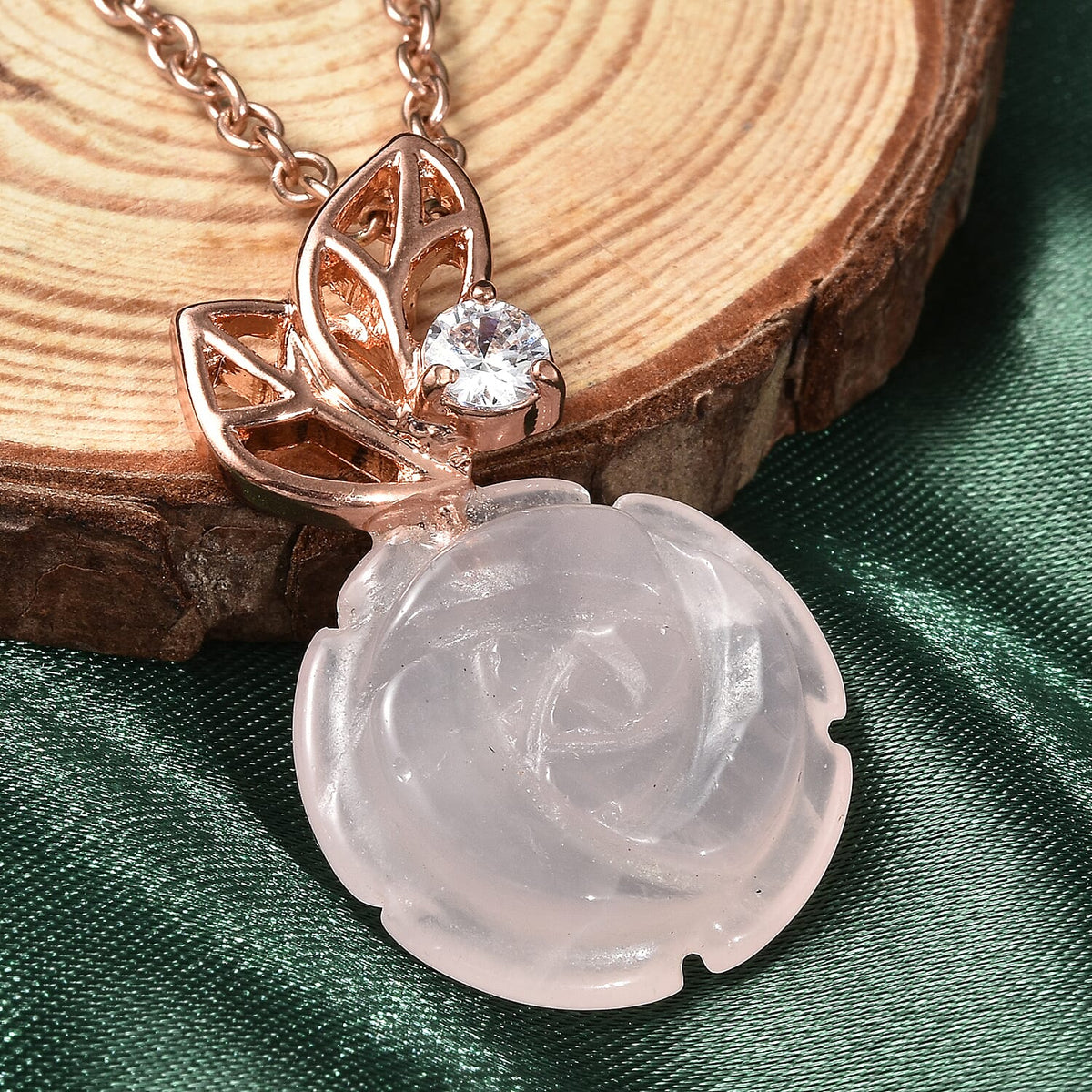 Simulated Diamond and Rose Quartz Pendant with Chain (Size 18) in Rose Gold Tone 4072167 1