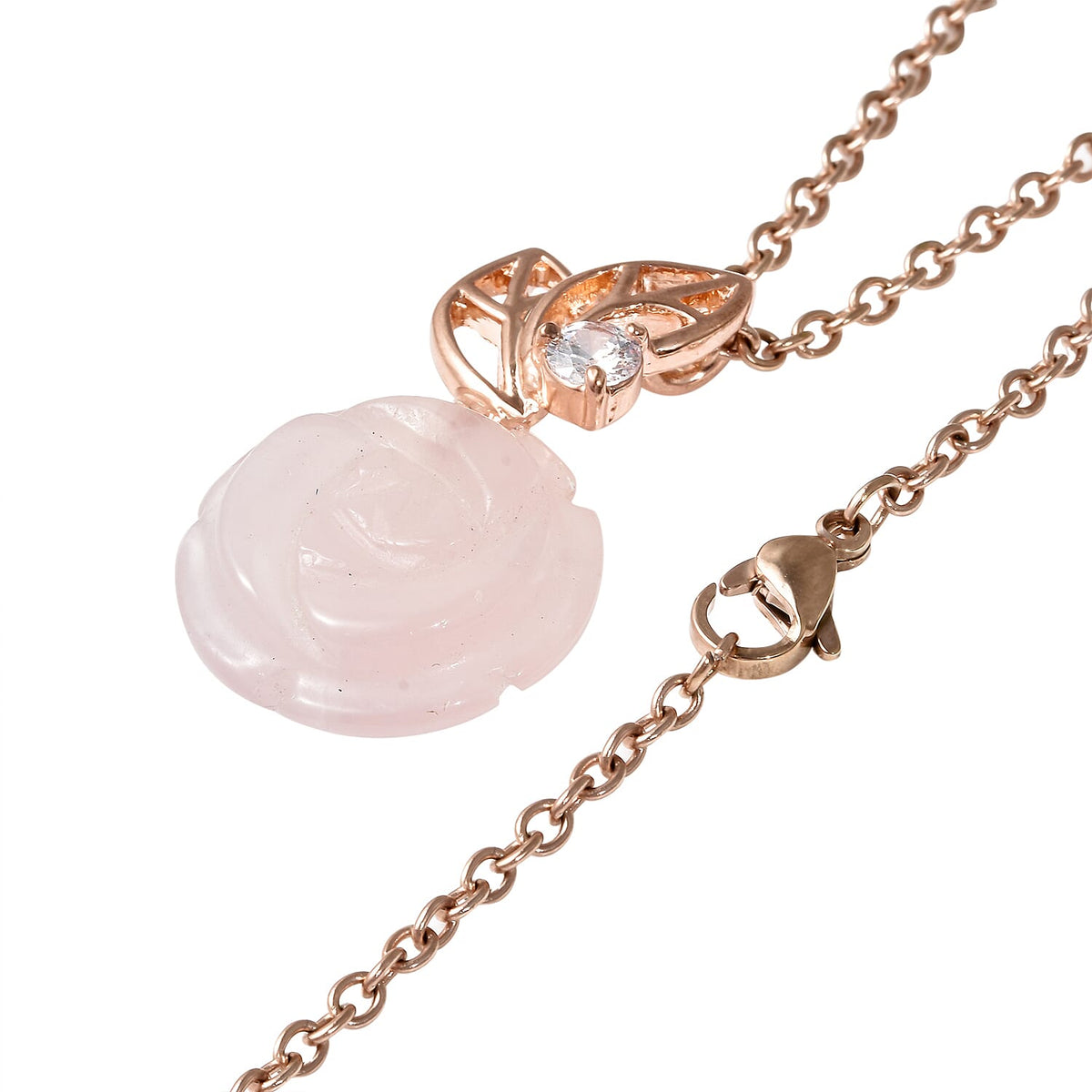Simulated Diamond and Rose Quartz Pendant with Chain (Size 18) in Rose Gold Tone 4072167 2