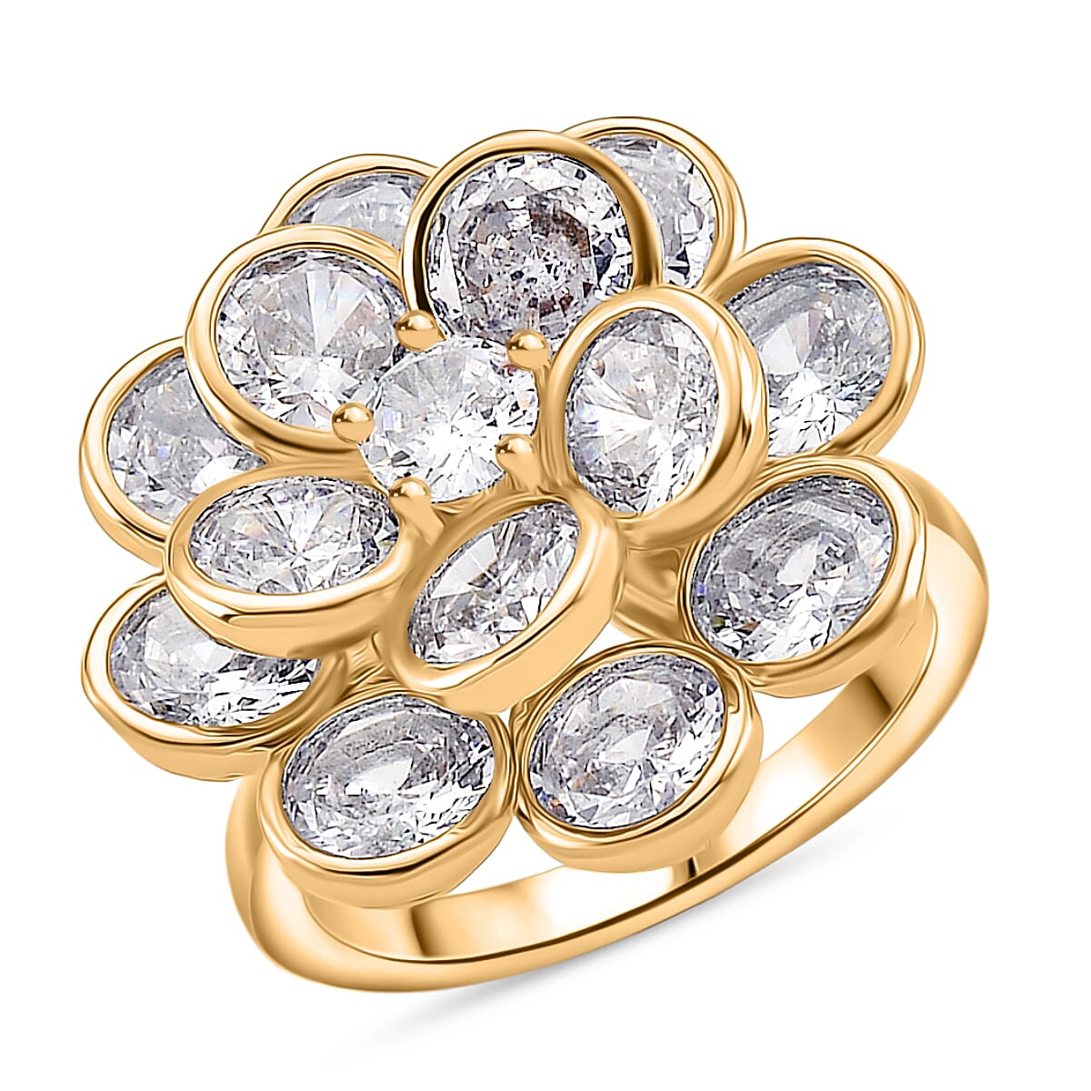 White Cubic Zirconia Adjustable Floral Ring in Yellow Gold Tone V32515333 0