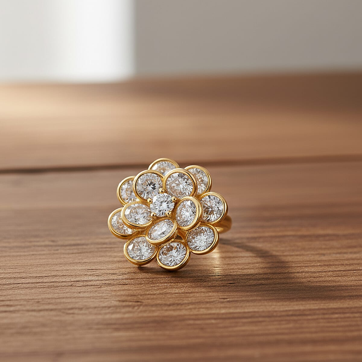 White Cubic Zirconia Adjustable Floral Ring in Yellow Gold Tone V32515333 2