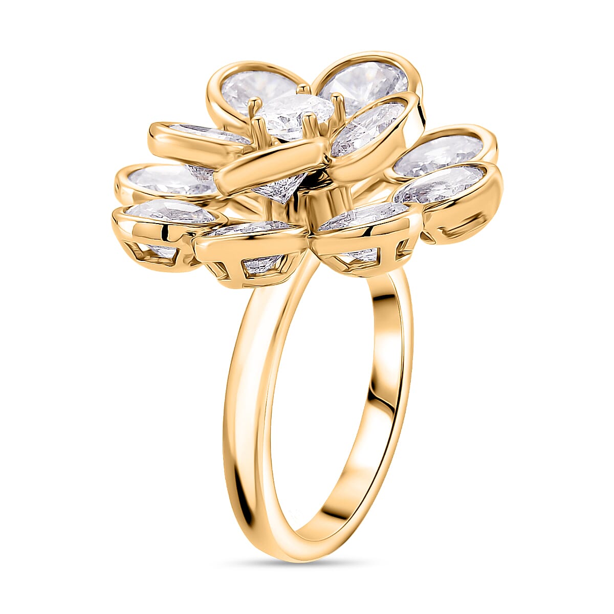 White Cubic Zirconia Adjustable Floral Ring in Yellow Gold Tone V32515333 4