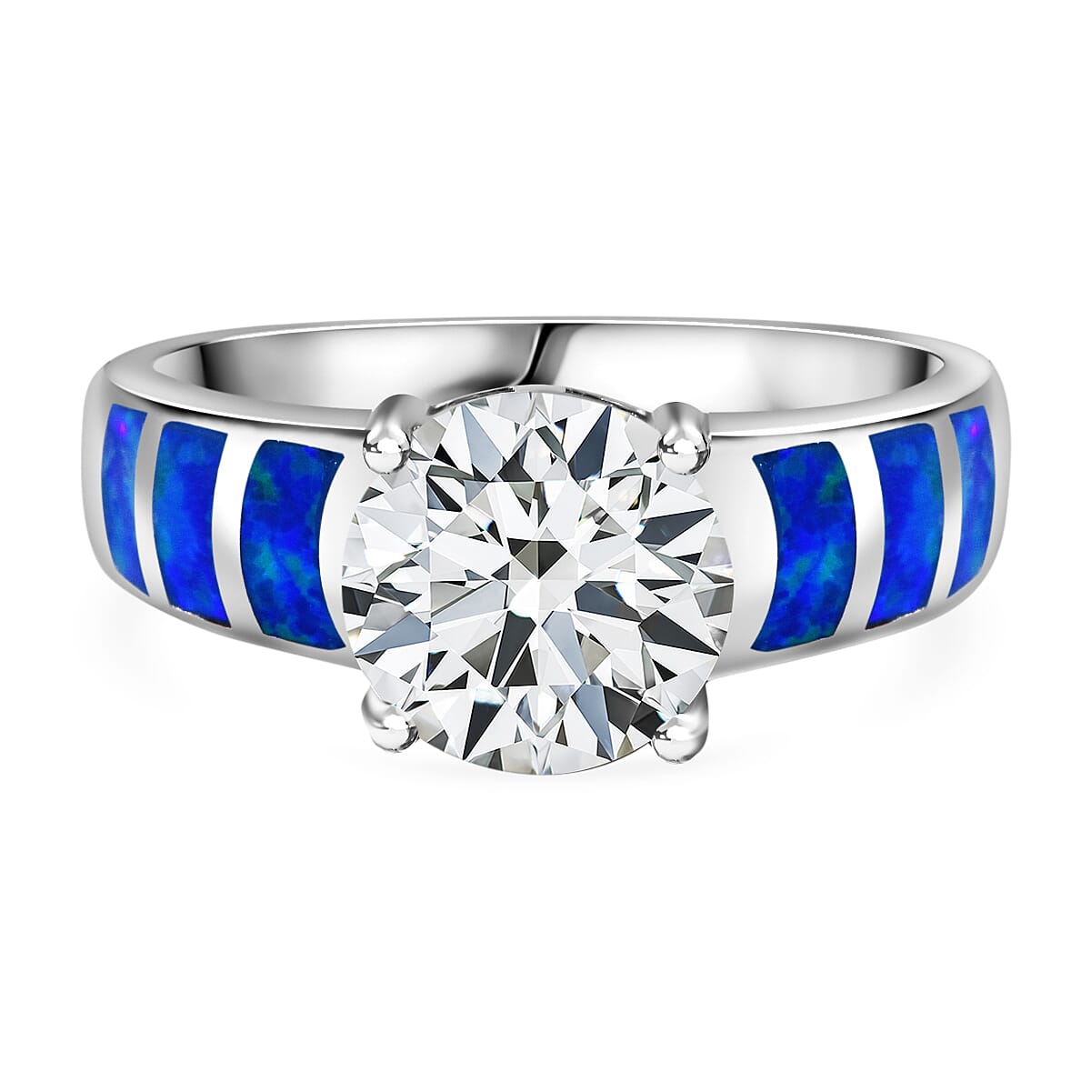 White Cubic Zirconia, Synthetic Crystal Blue Opal  Ring in rhodium Sterling Silver 5.860  Ct. 7814061 0