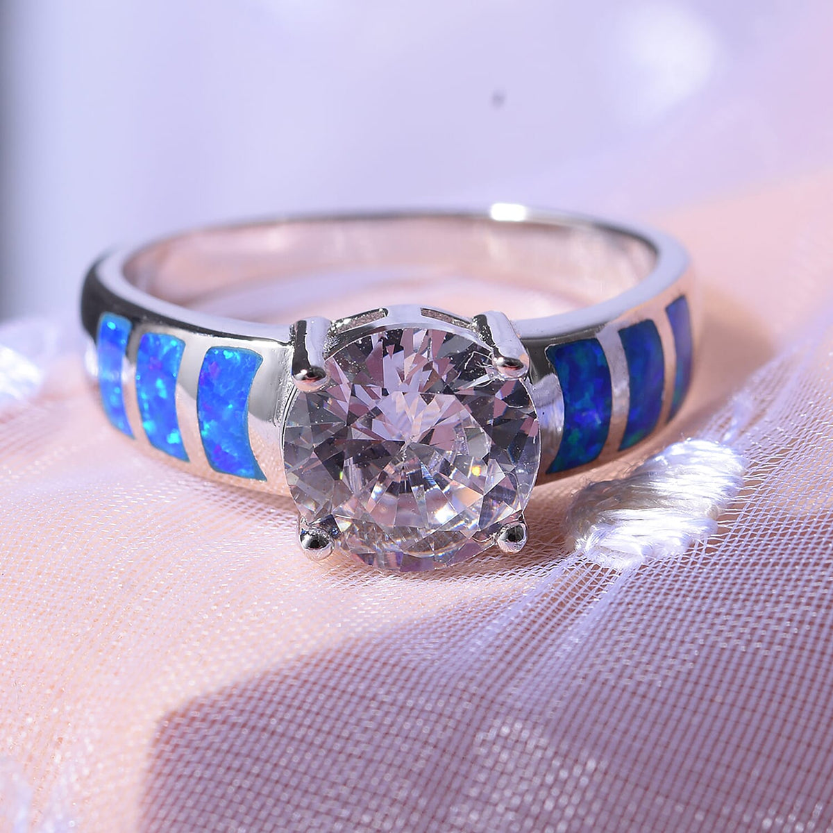 White Cubic Zirconia, Synthetic Crystal Blue Opal  Ring in rhodium Sterling Silver 5.860  Ct. 7814061 1
