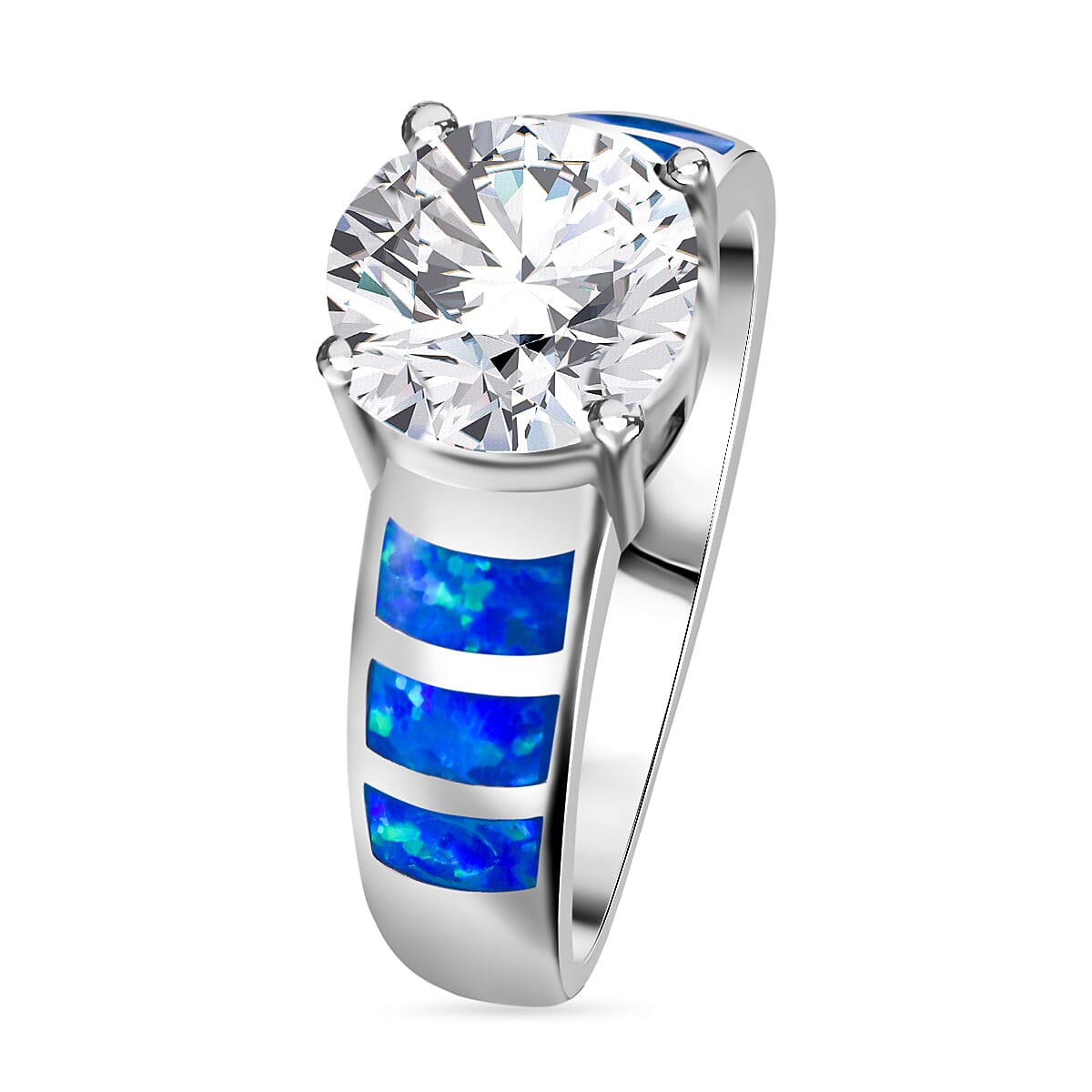 White Cubic Zirconia, Synthetic Crystal Blue Opal  Ring in rhodium Sterling Silver 5.860  Ct. 7814061 3