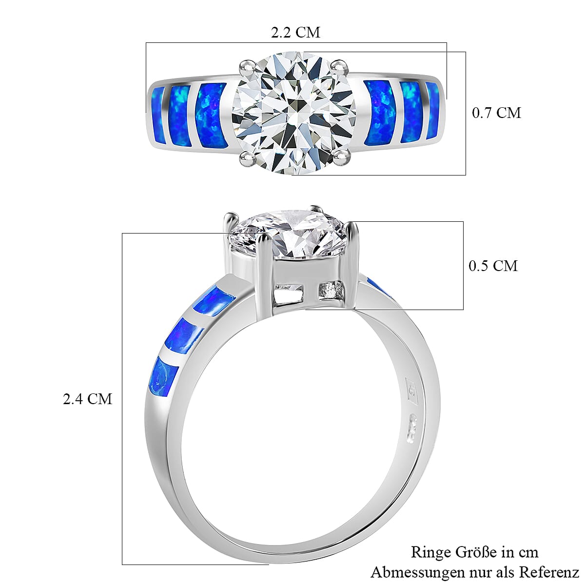 White Cubic Zirconia, Synthetic Crystal Blue Opal  Ring in rhodium Sterling Silver 5.860  Ct. 7814061 5