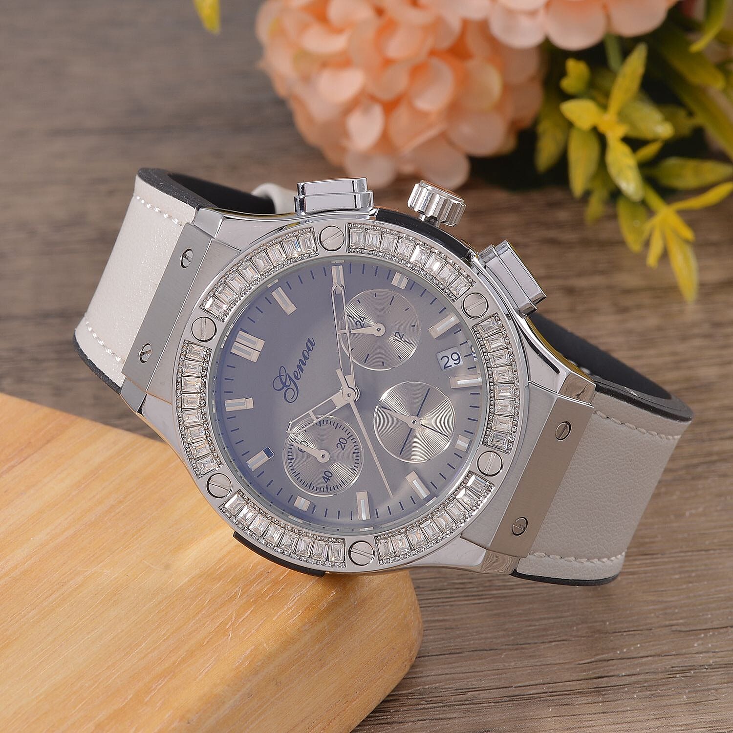GENOA Time V2 Multifunction Movement Embellished with White CZ WR Watch in Silver Tone with Grey Silicone Strap 7620604 1