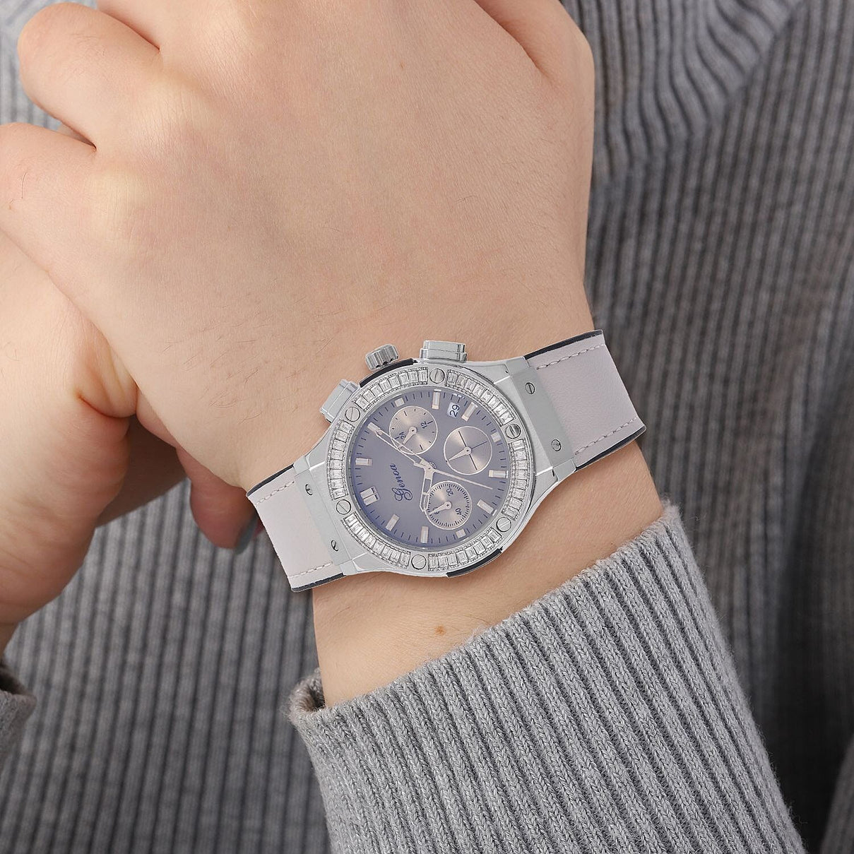 GENOA Time V2 Multifunction Movement Embellished with White CZ WR Watch in Silver Tone with Grey Silicone Strap 7620604 2