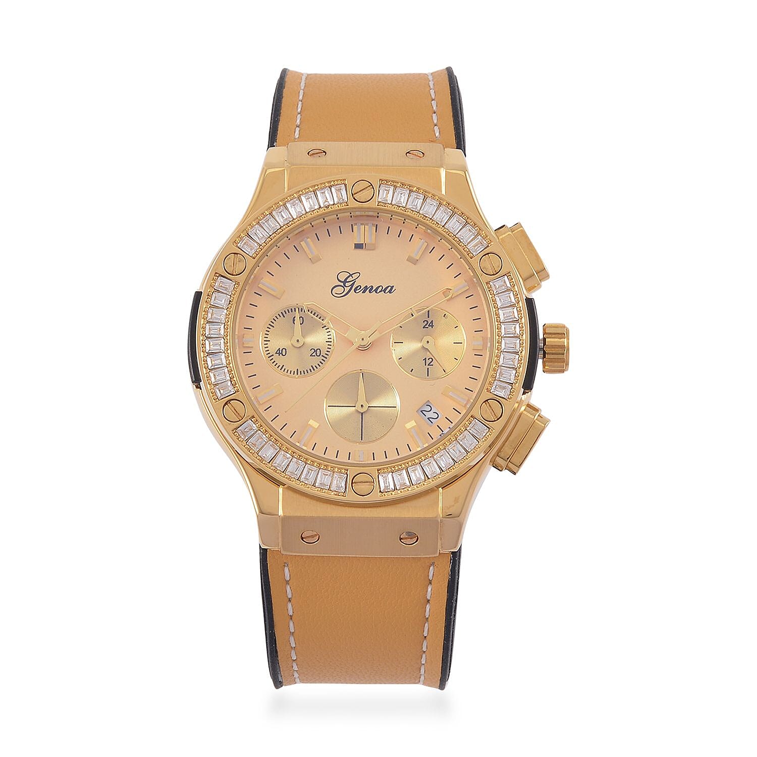GENOA Time V2 Multifunction Movement Embellished with White CZ WR Watch in Gold Tone with Gold Silicon Strap 7620656 0
