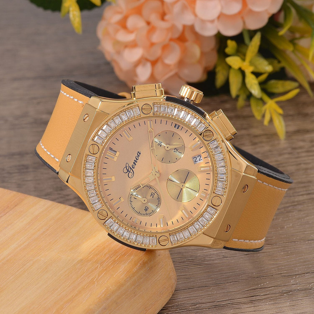 GENOA Time V2 Multifunction Movement Embellished with White CZ WR Watch in Gold Tone with Gold Silicon Strap 7620656 2