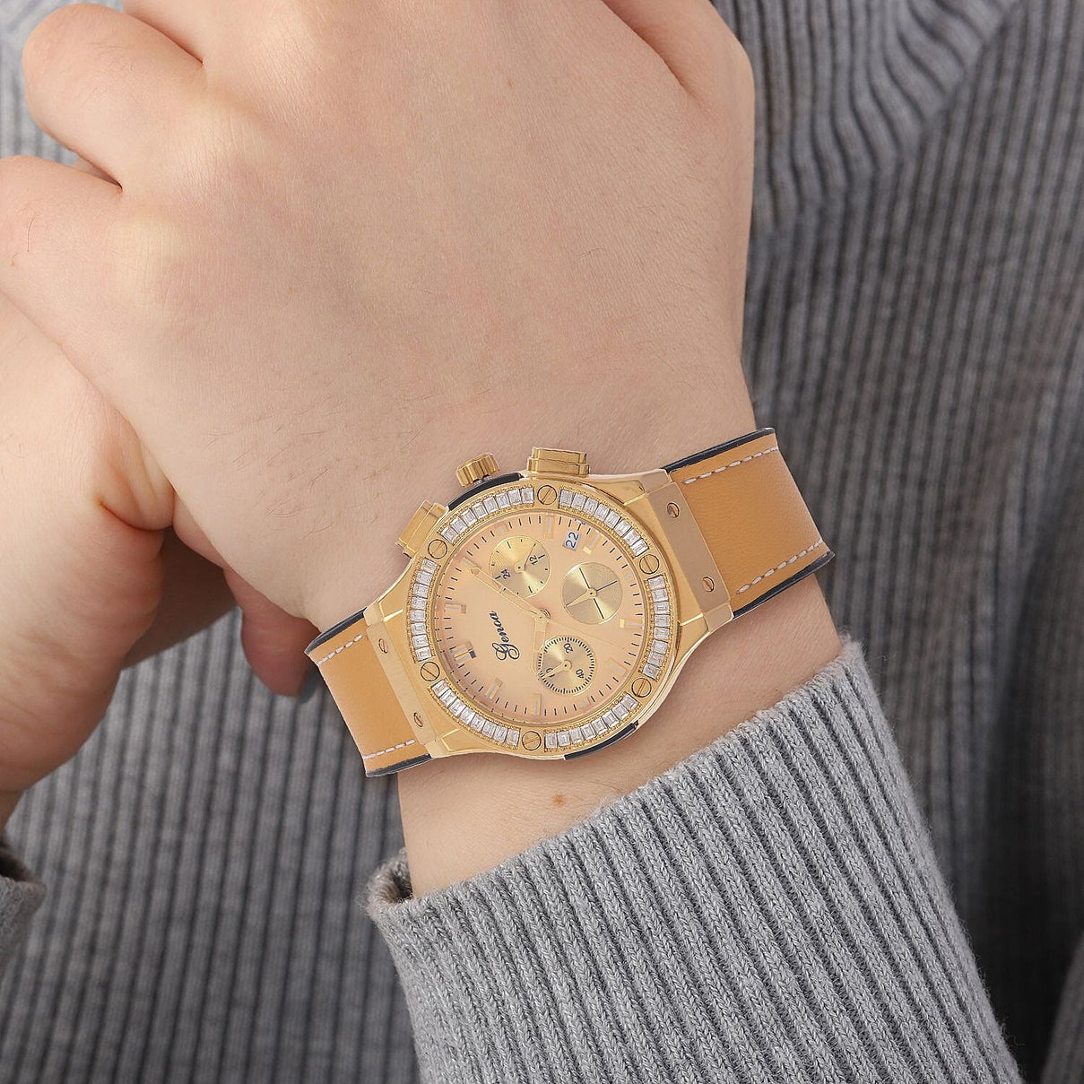 GENOA Time V2 Multifunction Movement Embellished with White CZ WR Watch in Gold Tone with Gold Silicon Strap 7620656 3