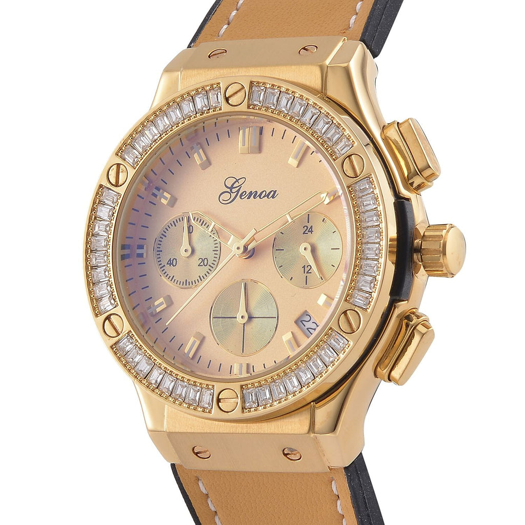 GENOA Time V2 Multifunction Movement Embellished with White CZ WR Watch in Gold Tone with Gold Silicon Strap