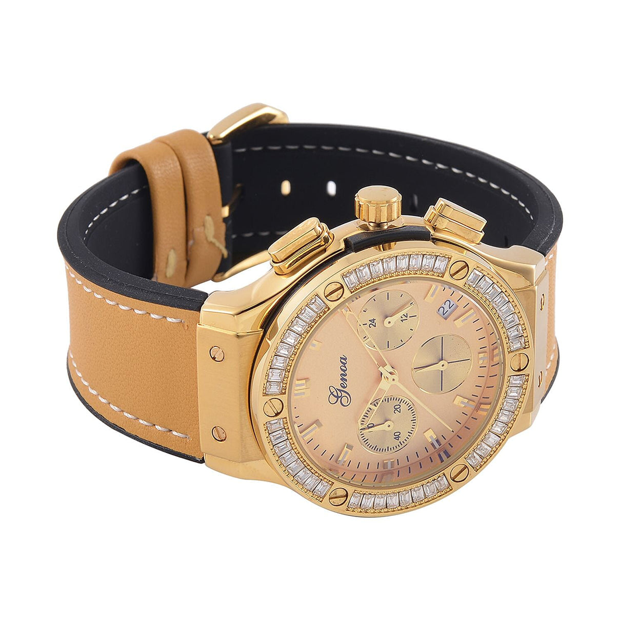 GENOA Time V2 Multifunction Movement Embellished with White CZ WR Watch in Gold Tone with Gold Silicon Strap 7620656 5