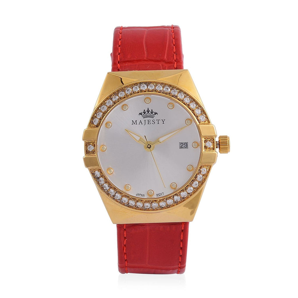 MAJESTY Miyota 2115 With White CZ 36mm Gold Sunshine Dial 3ATM WR Watch With Red Genuine Leather Strap
