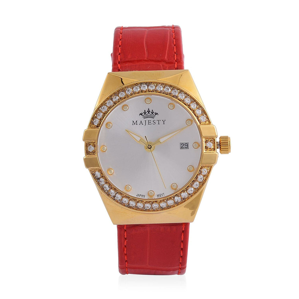 MAJESTY Japanese Miyota Movement Watch with Cubic Zirconia Dial and Red Genuine Leather Strap 7645066 0