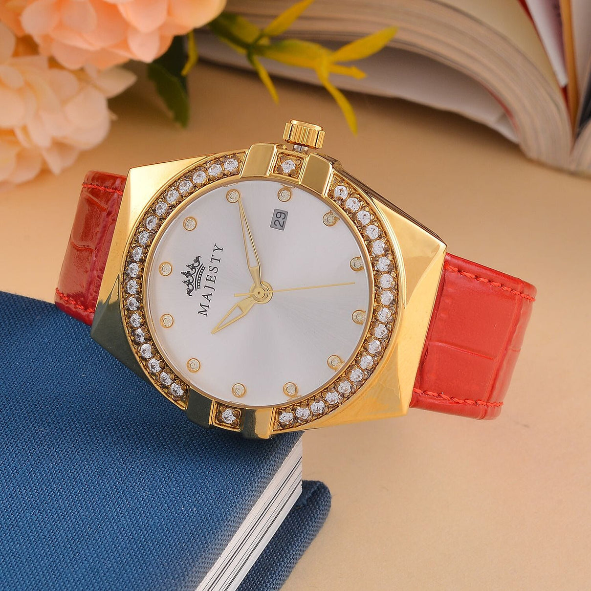 MAJESTY Japanese Miyota Movement Watch with Cubic Zirconia Dial and Red Genuine Leather Strap 7645066 2