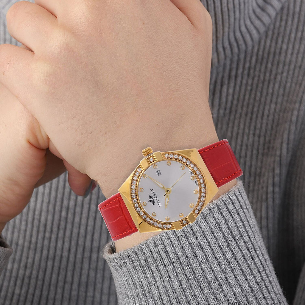 MAJESTY Miyota 2115 With White CZ 36mm Gold Sunshine Dial 3ATM WR Watch With Red Genuine Leather Strap