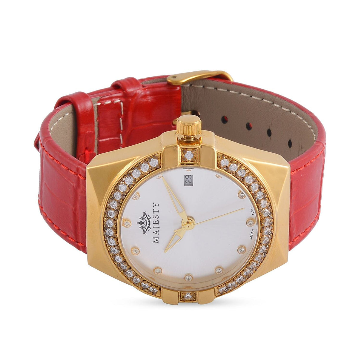 MAJESTY Japanese Miyota Movement Watch with Cubic Zirconia Dial and Red Genuine Leather Strap 7645066 5