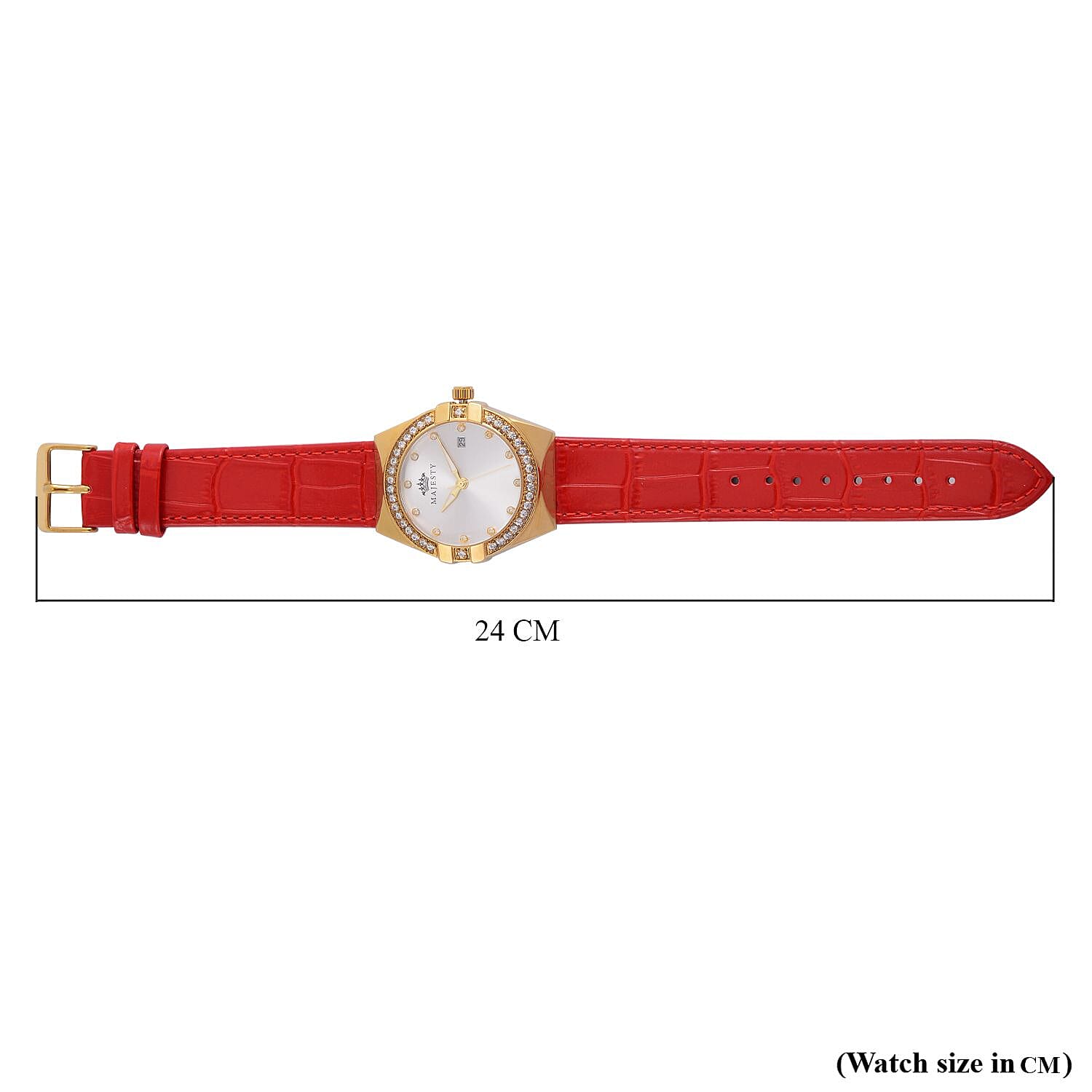 MAJESTY Japanese Miyota Movement Watch with Cubic Zirconia Dial and Red Genuine Leather Strap 7645066 7