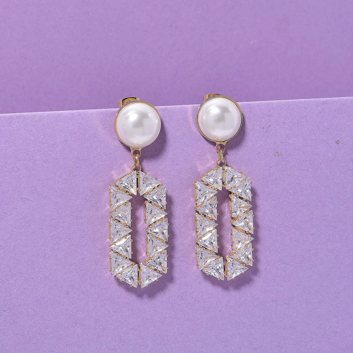 White Cubic Zirconia &amp; White Shell Pearl Dangling Earring with Push Back in Yellow Gold Plated 8.01 Ct. 8254461 1