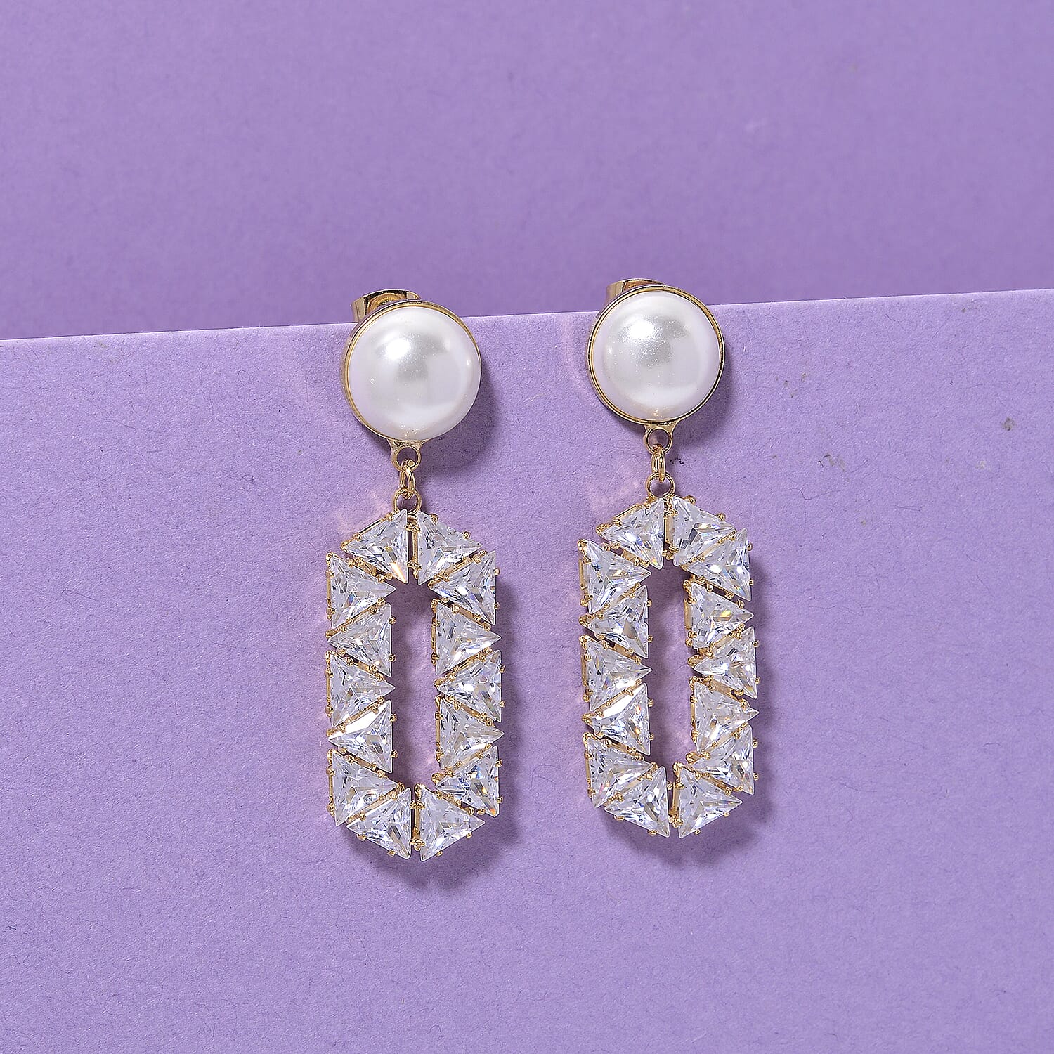 White Cubic Zirconia &amp; White Shell Pearl Dangling Earring with Push Back in Yellow Gold Plated 8.01 Ct. 8254461 1