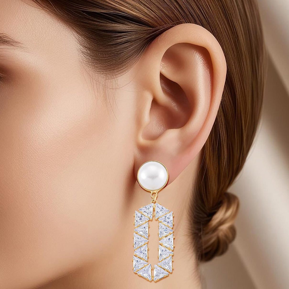 White Cubic Zirconia &amp; White Shell Pearl Dangling Earring with Push Back in Yellow Gold Plated 8.01 Ct. 8254461 2