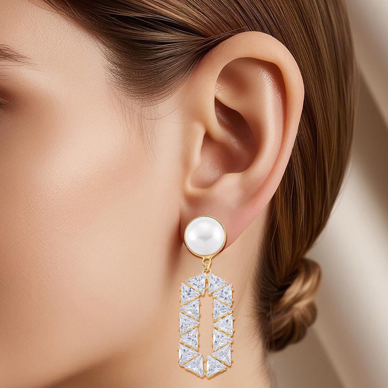 White Cubic Zirconia &amp; White Shell Pearl Dangling Earring with Push Back in Yellow Gold Plated 8.01 Ct. 8254461 2
