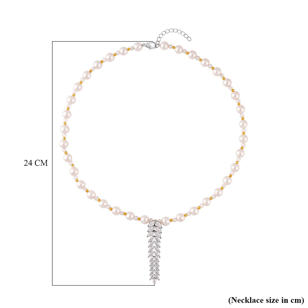 Simulated Diamond & White Shell Pearl Necklace (Size - 20-2 Inch Ext.) in Two-Tone