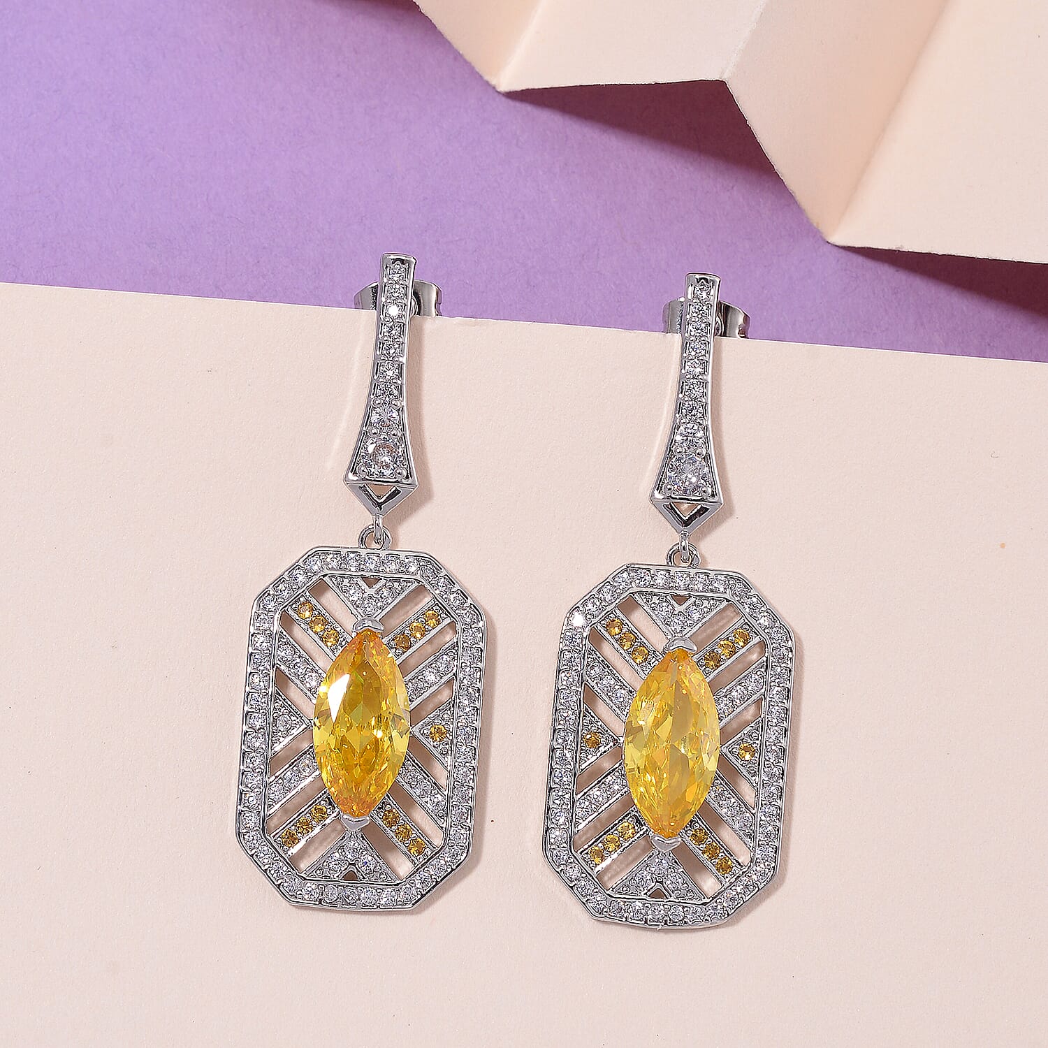 The Art Deco Collection - White Cubic Zirconia &amp; Yellow Cubic Zirconia Earrings with Push Back 8312725 3