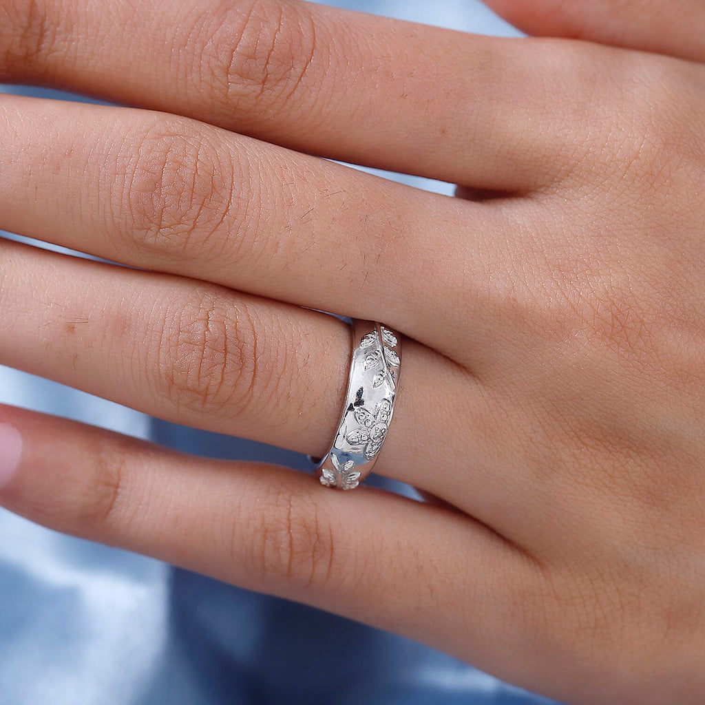 Diamond Floral Band Ring in Silver Tone