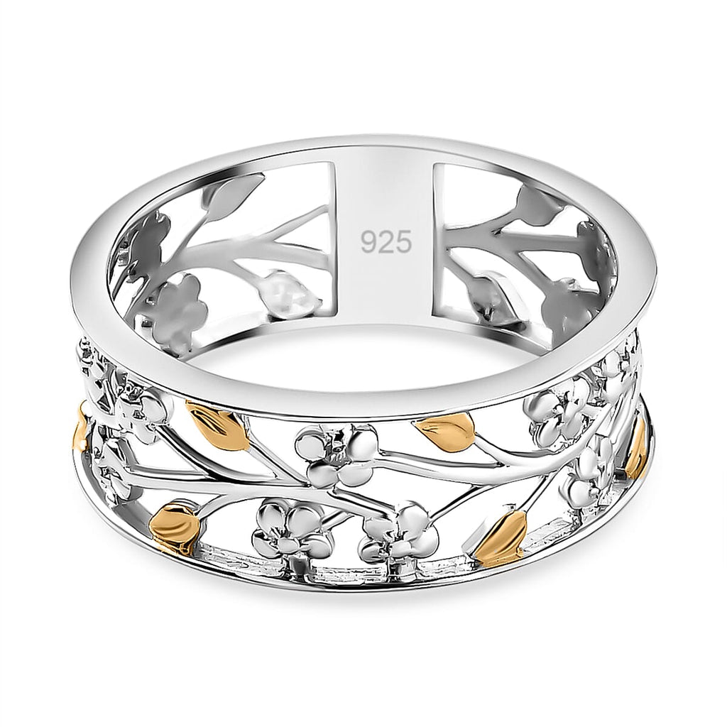 Diamond Floral & Leaf Band Ring in 18K Vermeil Yellow Gold Plated & Rhodium Overlay Sterling Silver