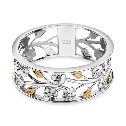 Diamond Floral & Leaf Band Ring in 18K Vermeil Yellow Gold Plated & Rhodium Overlay Sterling Silver