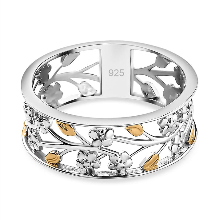 Diamond Floral and Leaf Wedding Band Ring in Dual Tone Plated Sterling Silver 7647120 1