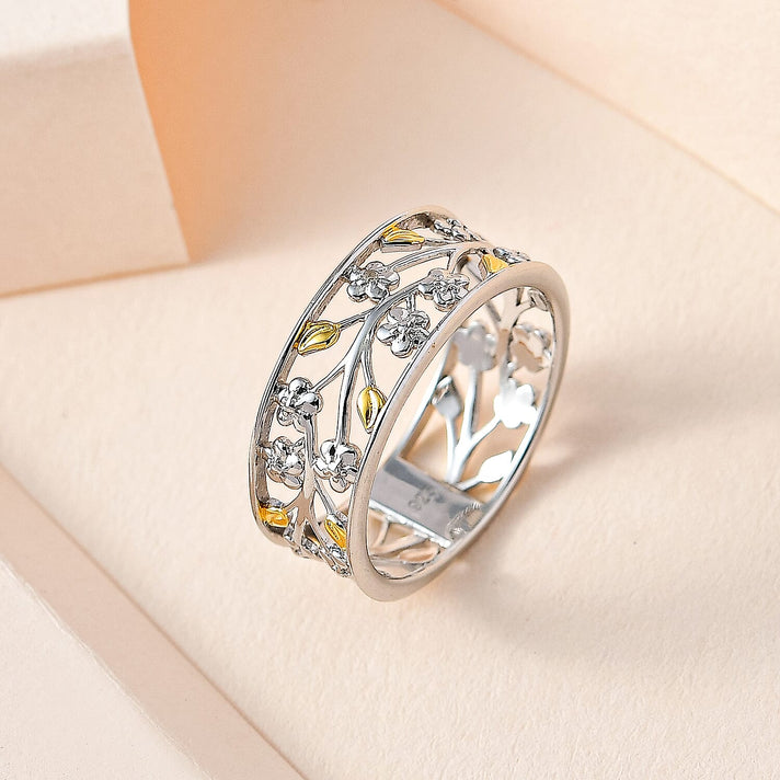 Diamond Floral and Leaf Wedding Band Ring in Dual Tone Plated Sterling Silver 7647120 2