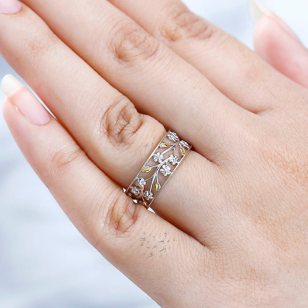 Diamond Floral & Leaf Band Ring in 18K Vermeil Yellow Gold Plated & Rhodium Overlay Sterling Silver