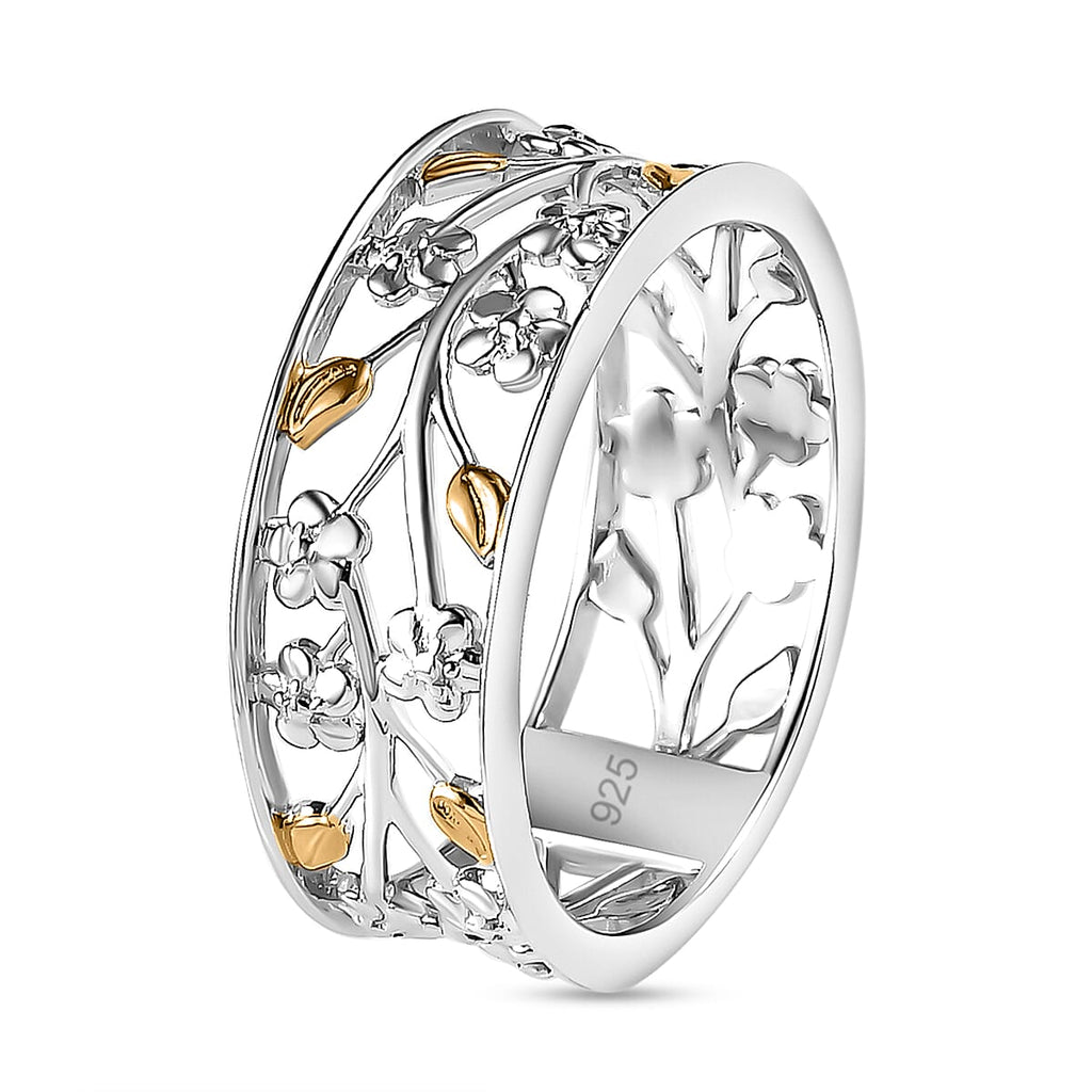 Diamond Floral & Leaf Band Ring in 18K Vermeil Yellow Gold Plated & Rhodium Overlay Sterling Silver