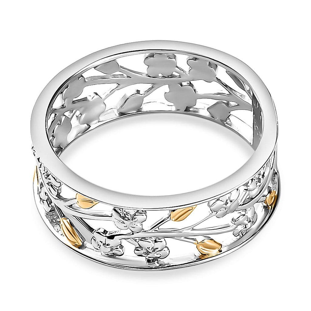 Diamond Floral & Leaf Band Ring in 18K Vermeil Yellow Gold Plated & Rhodium Overlay Sterling Silver
