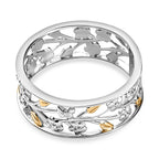 Diamond Floral & Leaf Band Ring in 18K Vermeil Yellow Gold Plated & Rhodium Overlay Sterling Silver
