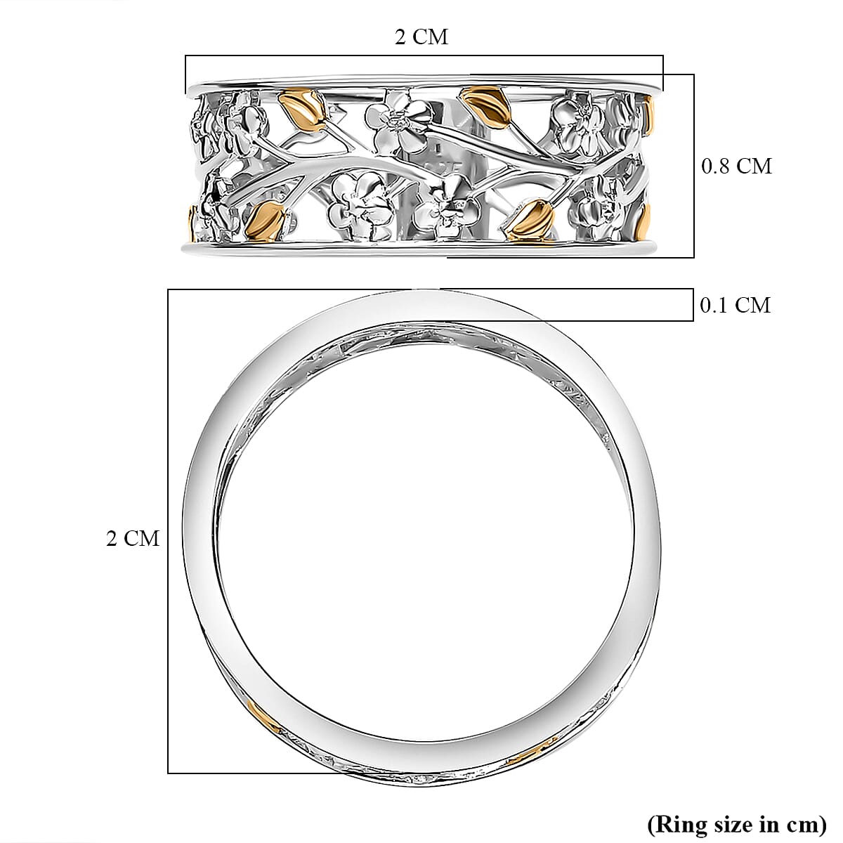 Diamond Floral and Leaf Wedding Band Ring in Dual Tone Plated Sterling Silver V32638014 6