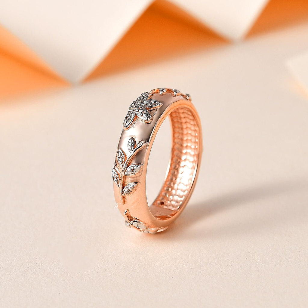 Natural Diamond Leaf Band Ring in 14K Rose Gold Overlay Sterling Silver
