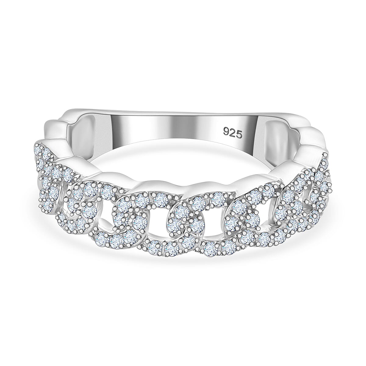 Designer Inspiration - White Diamond Curb Band Ring in Rhodium Overlay Sterling Silver 7804549 0