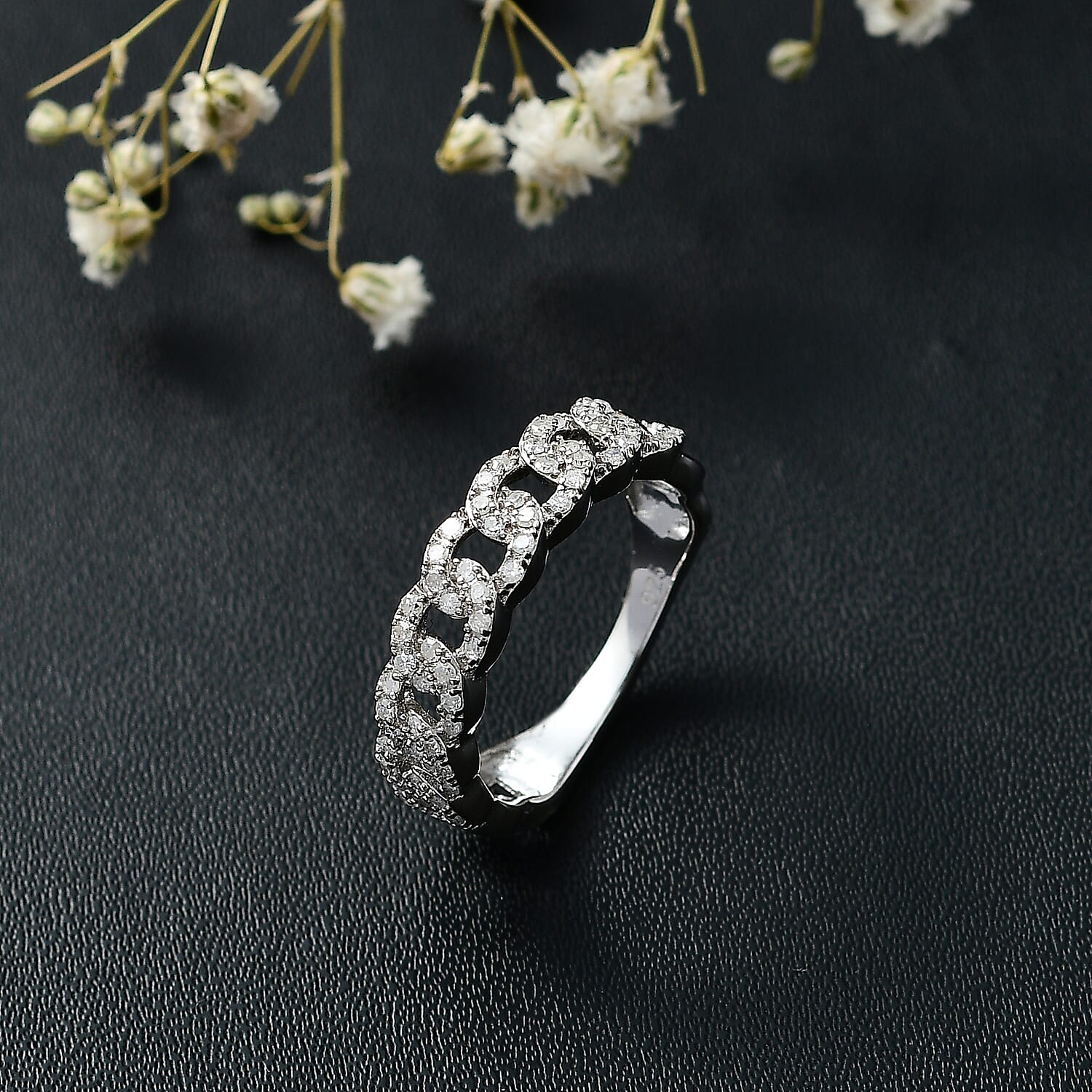 Designer Inspiration - White Diamond Curb Band Ring in Rhodium Overlay Sterling Silver 7804549 1
