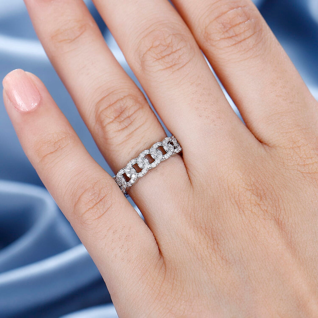 Designer Inspiration - White Diamond Curb Band Ring in Rhodium Overlay Sterling Silver