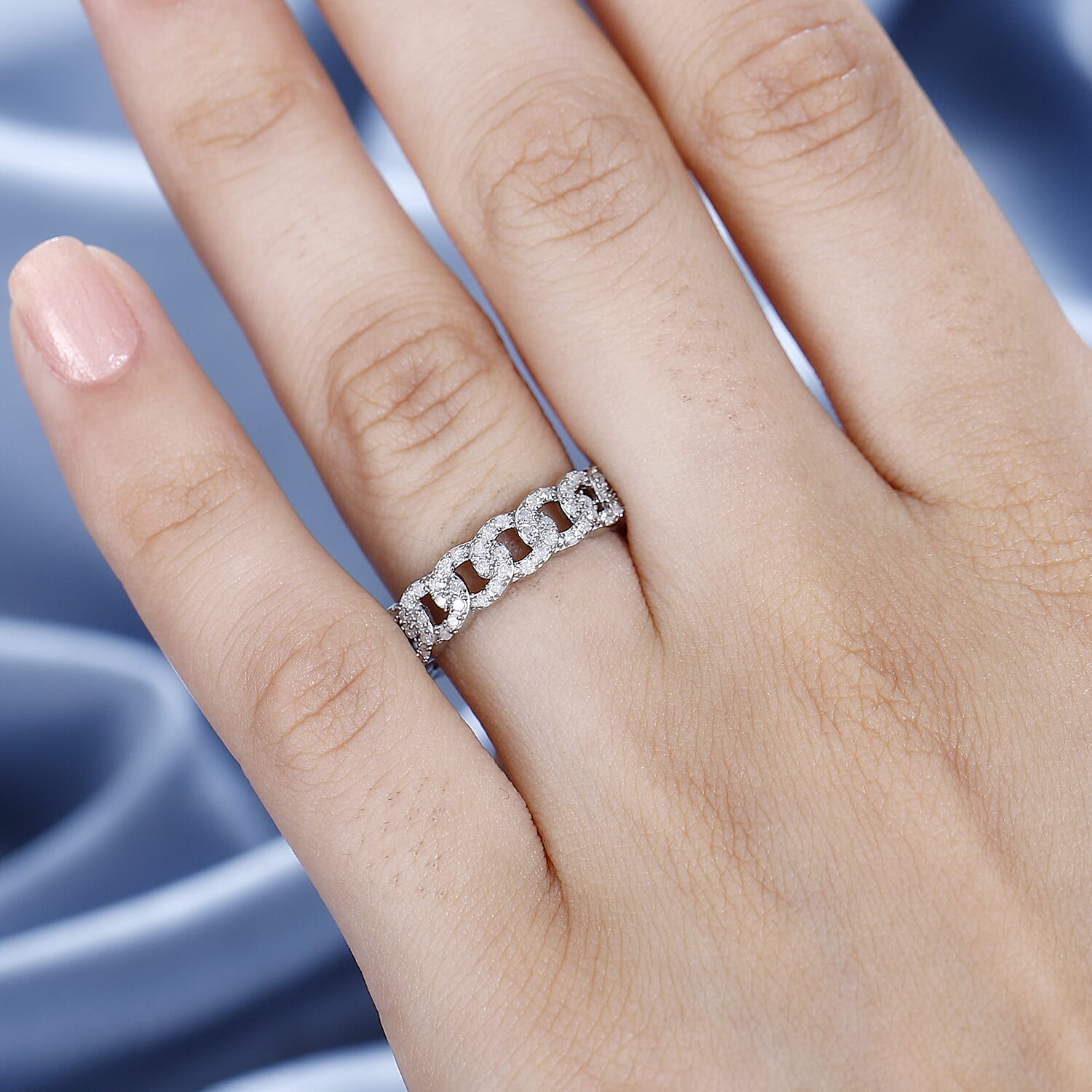 Designer Inspiration - White Diamond Curb Band Ring in Rhodium Overlay Sterling Silver 7804549 2