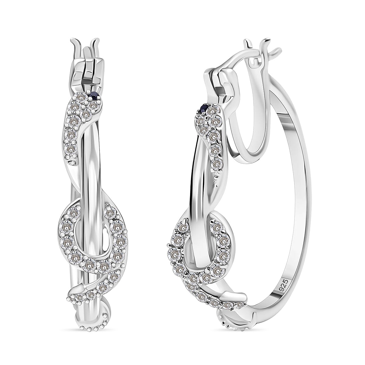 White Diamond, Black Diamond J Hoop Half Hoop Earring with Clasp in Rhodium Overlay Sterling Silver 0.50 Ct, Silver wt. 6.95 Gms. 8158959 0